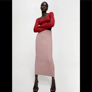 ZARA Ribbed MIDI skirt PALE PINK